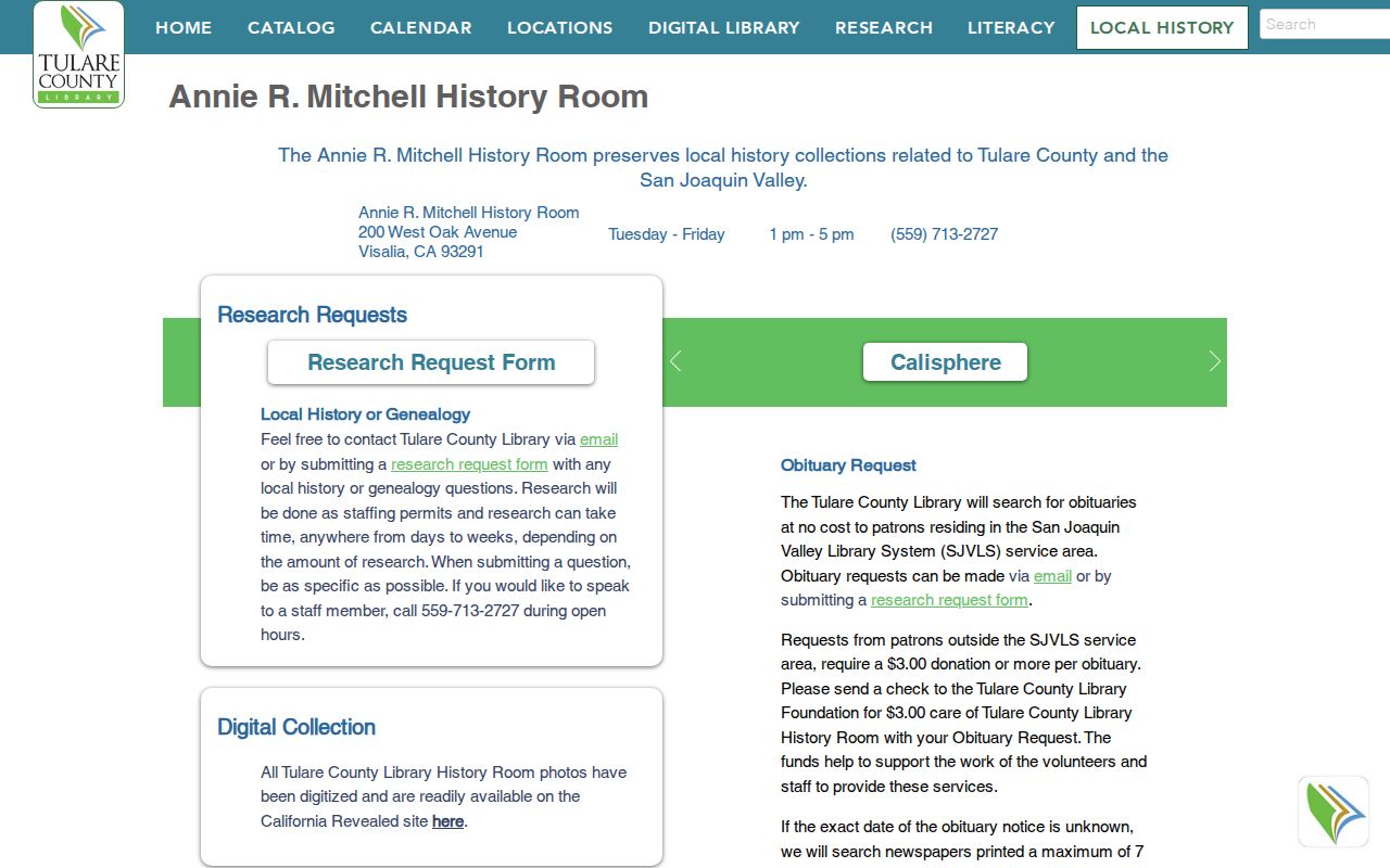 Annie Mitchell History Room for the Visalia residents directory