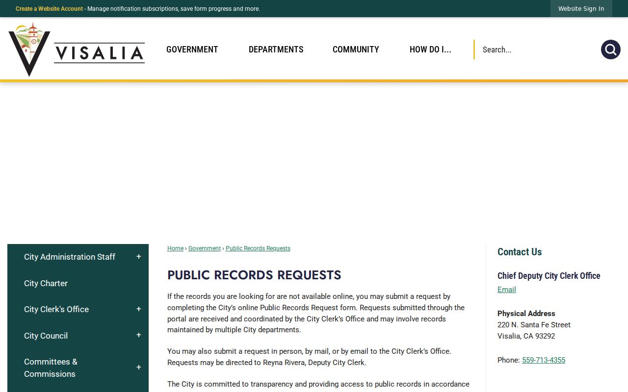 Visalia city public records request for the Visalia residents directory