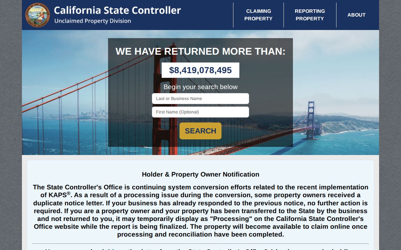 California unclaimed-property search for a Visalia resident lookup